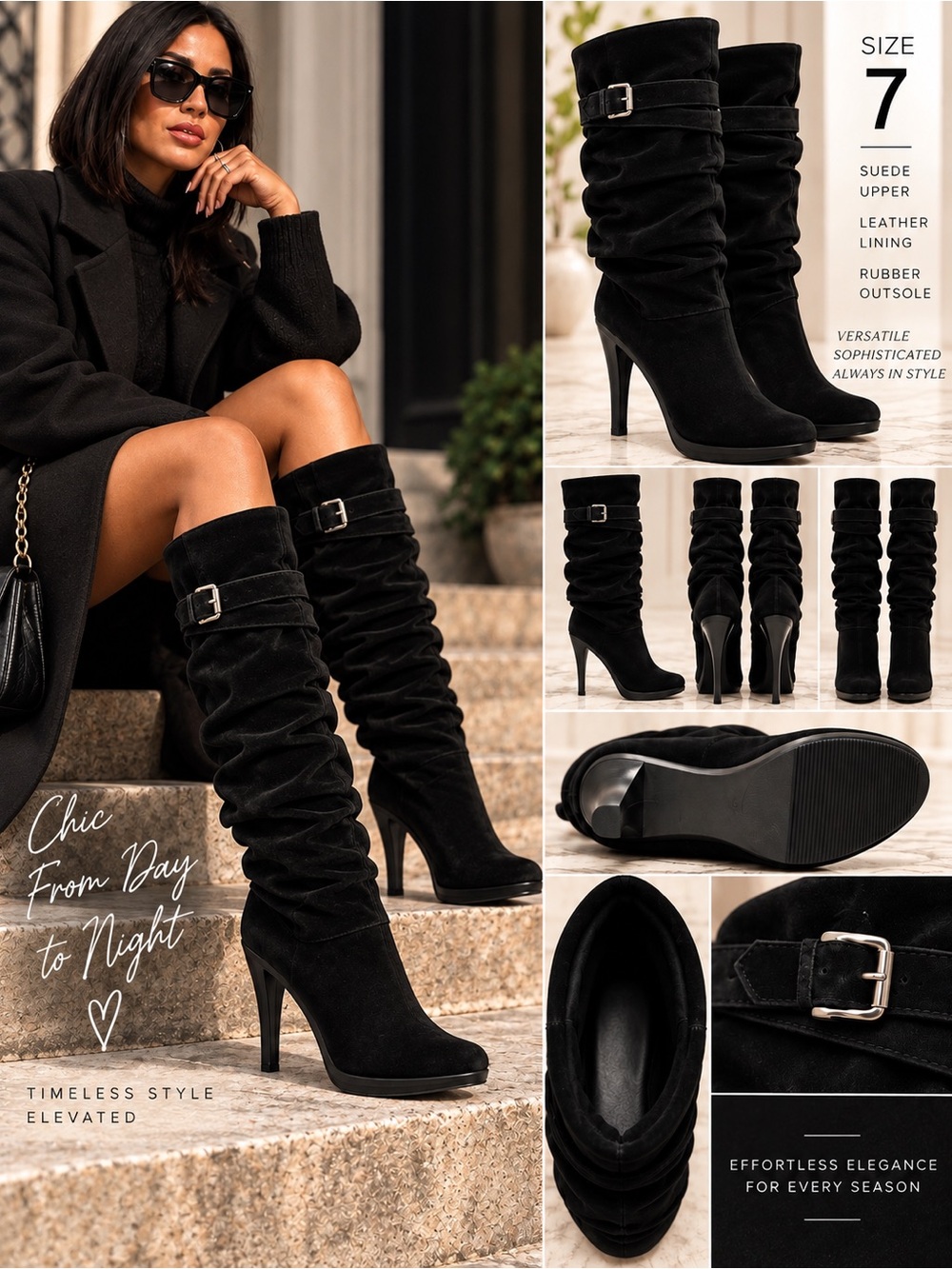 MICHAEL Michael Kors Black Suede Knee-High Slouch Boots with Buckle